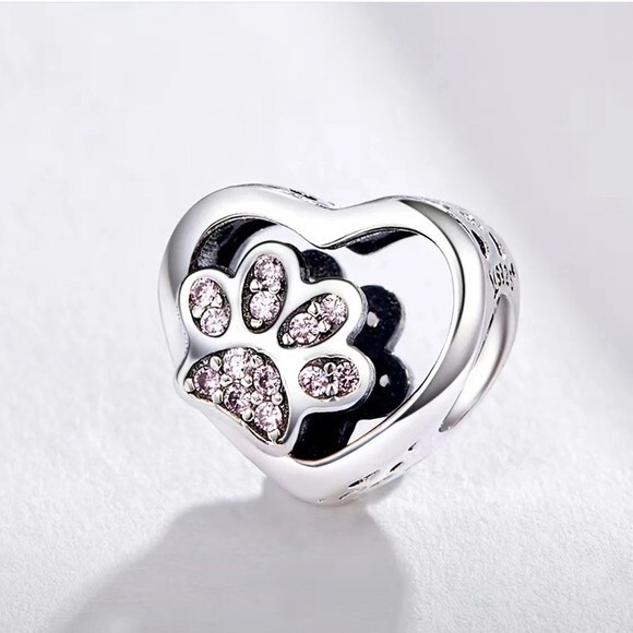 925 Sterling Silver Heart Pet Paw Pendant For Bracelet/Necklace - Picture 3 of 4